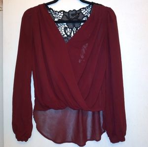 Maroon Chiffon V-neck Blouse Black Lace Open Back